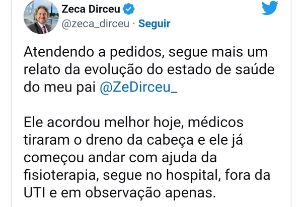José Dirceu vai para casa, deixa a UTI depois de passar por cirurgia na cabeça