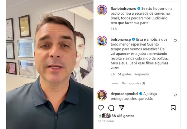 Senador Flavio Bolsonaro critica decisão do judiciário e convoca para um pacto contra a escalada de crimes no Brasil 'Judiciário tem que fazer sua parte!'