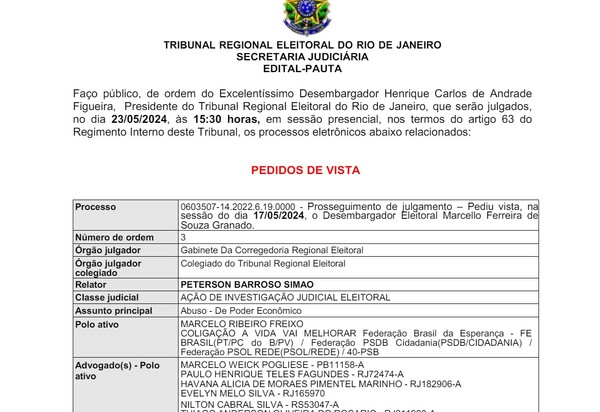 Acompanhe a continuação dos julgamentos de Claudio Castro, Pampolha e Bacellar no TRE-RJ, no dia 23/05/2024, às 15:30 horas ao Vivo link abaixo