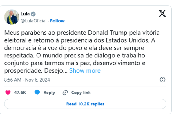 Lula dá aula de diplomacia e manda 'X' pra parabenizar Trump e Elon Musk pira: será o início de um bromance presidencial?