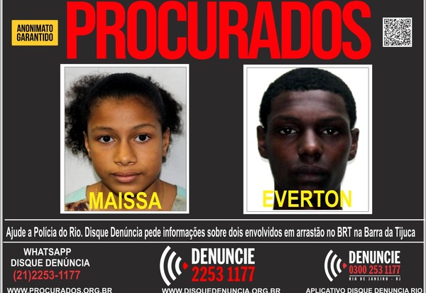 Disque Denúncia divulga cartaz para localizar dupla envolvida em arrastão no BRT na Zona Oeste
