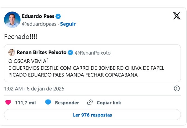 Eduardo Paes fala em ‘fechar Copacabana’ para Fernanda Torres desfilar