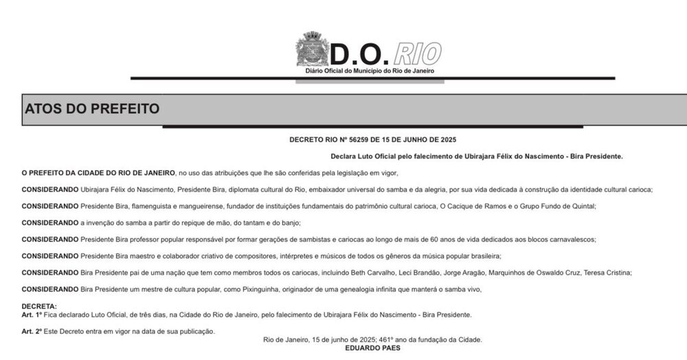 Prefeito Eduardo Paes decreta luto oficial pela morte de Bira Presidente, ícone do carnaval carioca