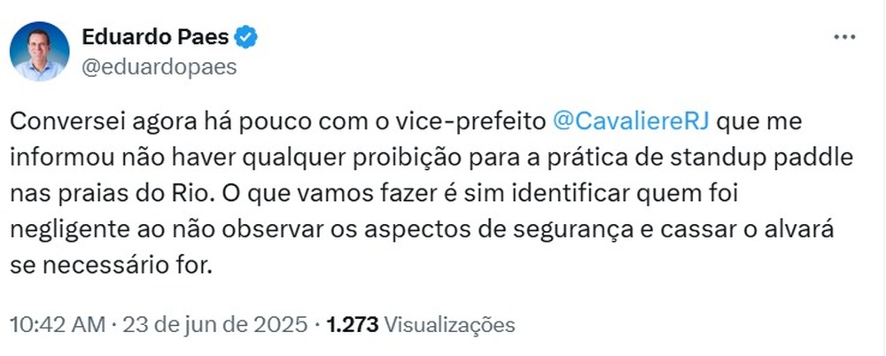Paes desmente proibição e anuncia cassação de alvarás para quem desrespeitar normas de segurança no stand up paddle