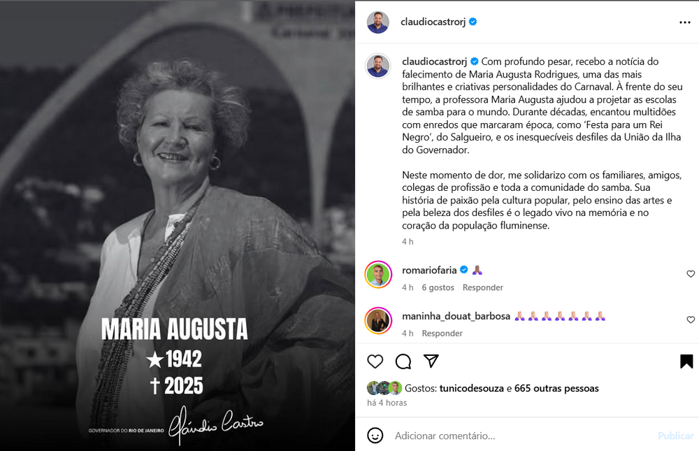 Governador Castro lamenta morte de Maria Augusta Rodrigues, ícone que projetou Carnaval para o mundo