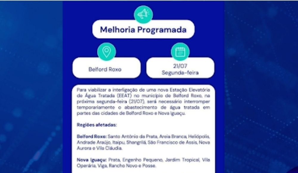 Intervenção da Águas do Rio interrompe abastecimento em bairros de Belford Roxo e Nova Iguaçu nesta segunda (21/07)
