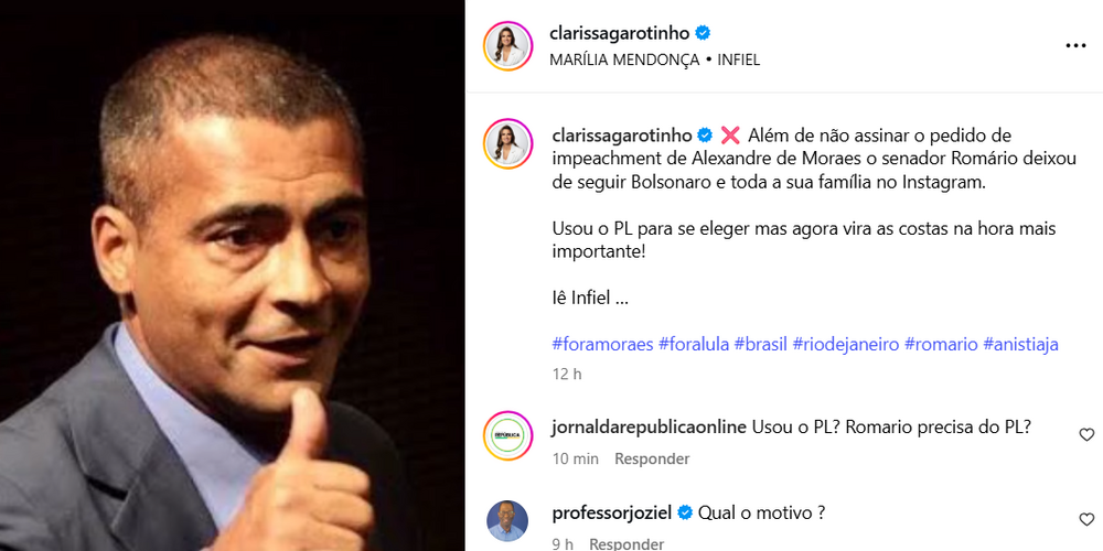 Romário rebate pressões e recebe críticas da Ex-adversária derrotada em 2022, Clarissa Garotinho por independência no caso Moraes