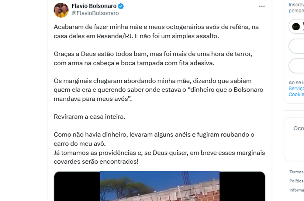 Mãe e avós de Flávio Bolsonaro são feitos reféns em Resende: ‘Cadê o dinheiro do Bolsonaro’