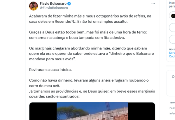 Mãe e avós de Flávio Bolsonaro são feitos reféns em Resende: ‘Cadê o dinheiro do Bolsonaro’