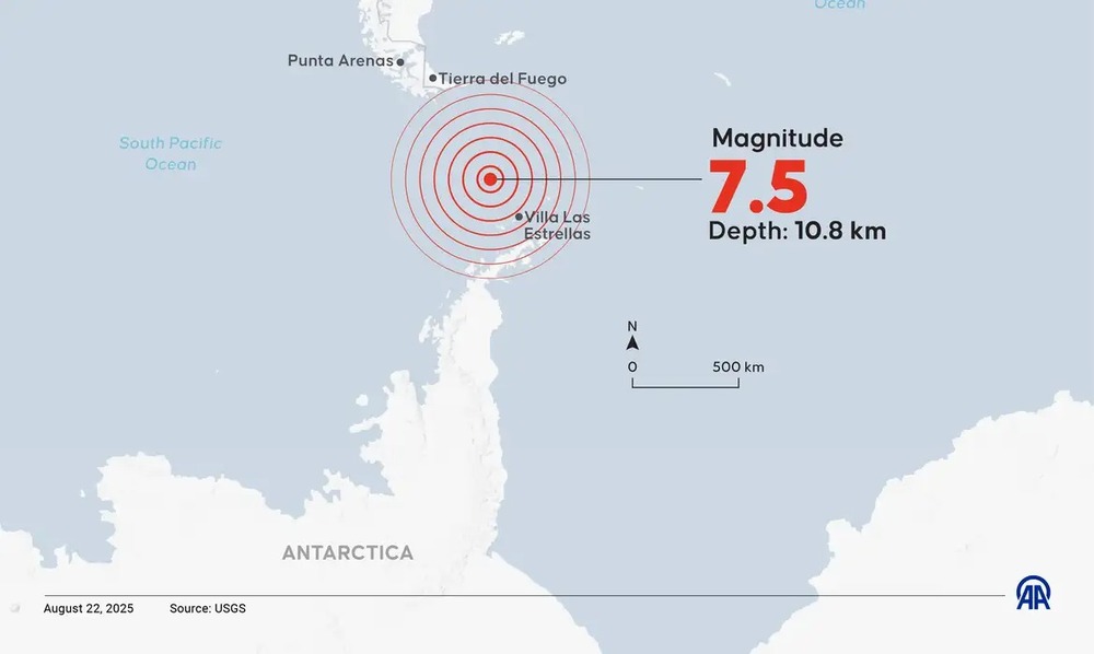 Terremoto de 7,5 atinge região entre América do Sul e Antártica