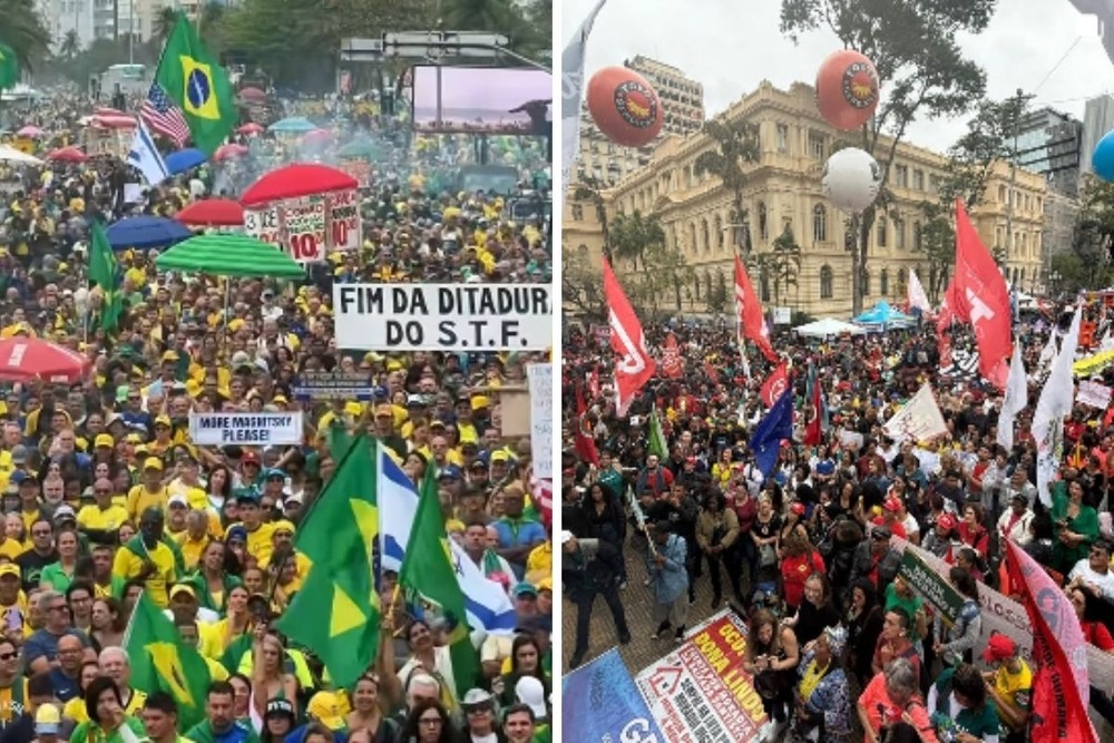 Centro do Rio recebe ato antifascista enquanto Copacabana pede anistia a Bolsonaro
