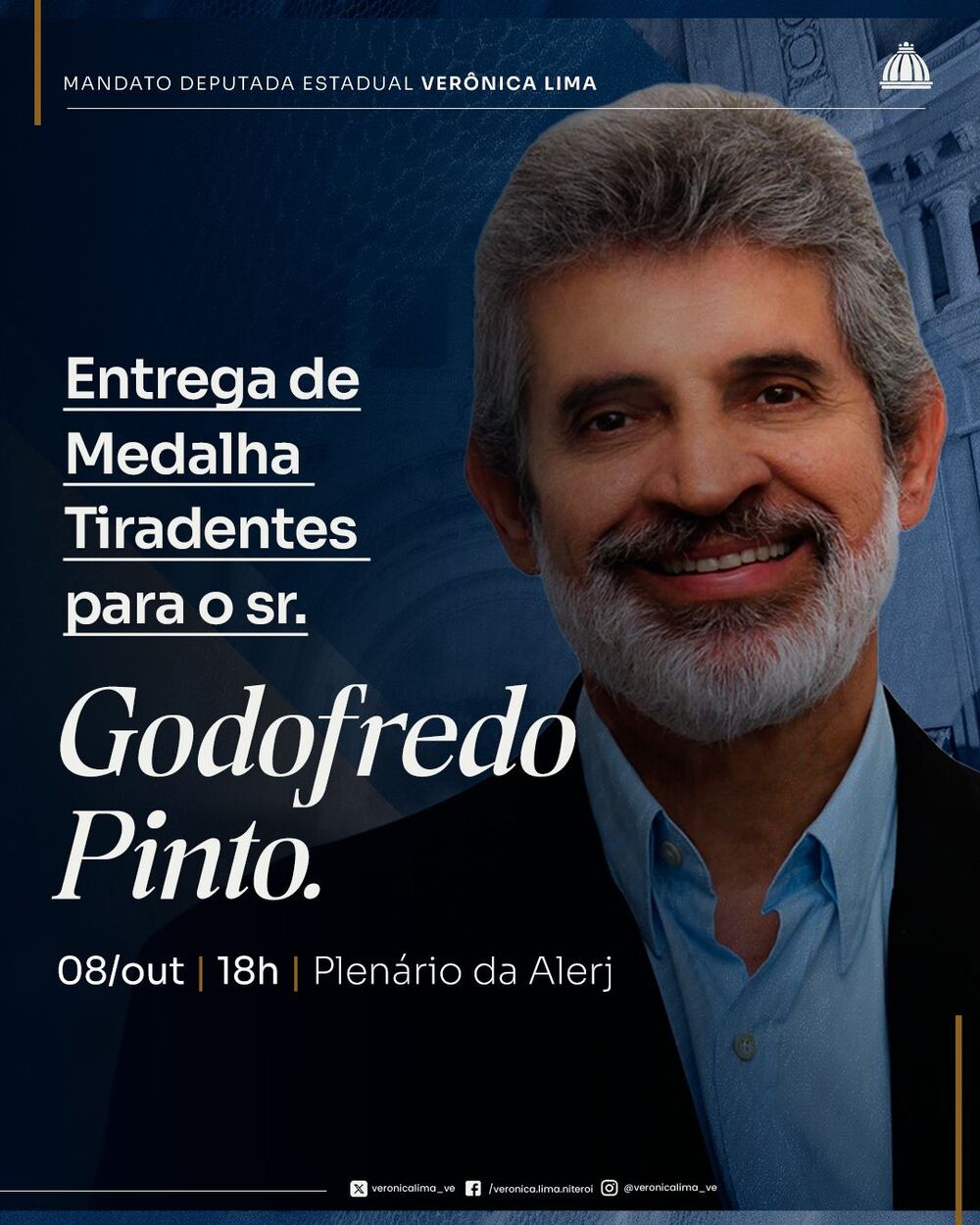 Deputada Verônica Lima entrega medalha a defensor da educação e cultura de Niterói Ex-prefeito Godofredo