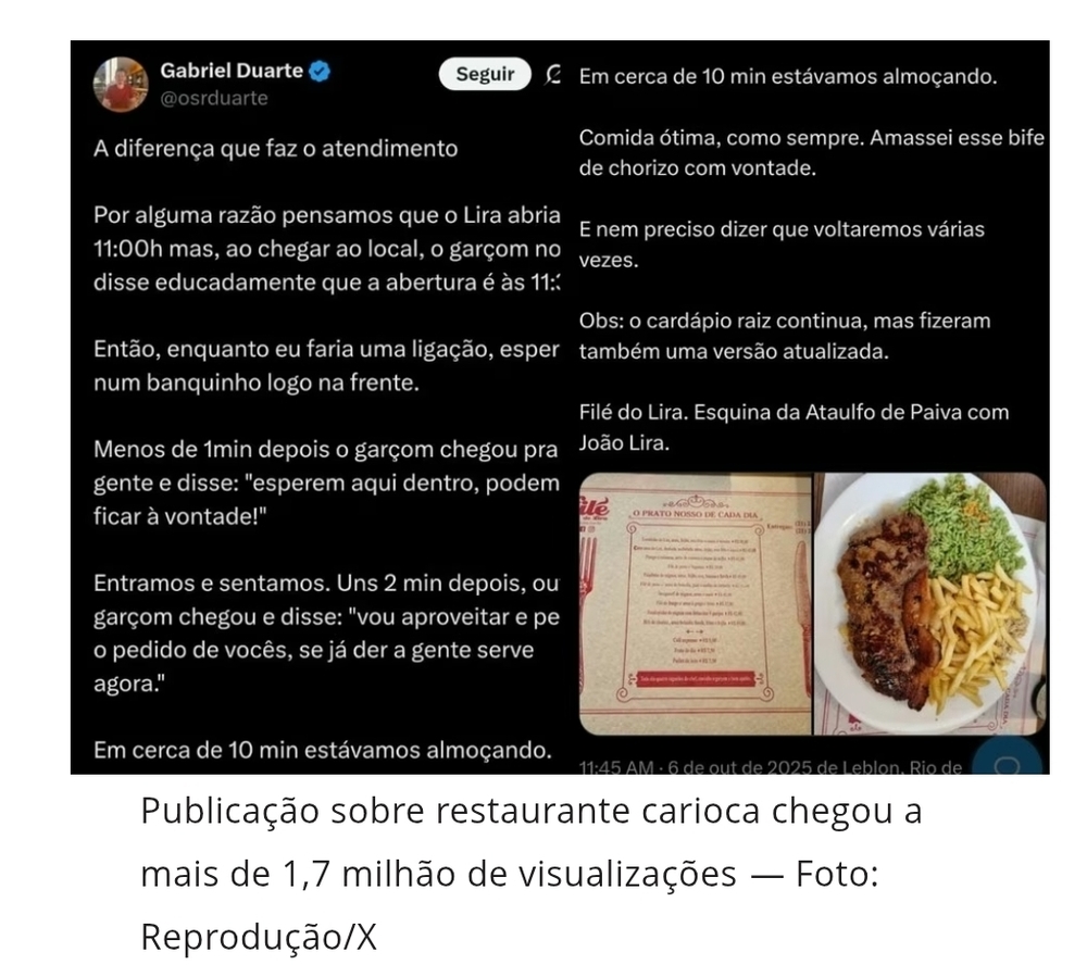Elogio a atendimento em restaurante no Rio de Janeiro viraliza e dono já projeta 15% de aumento no movimento