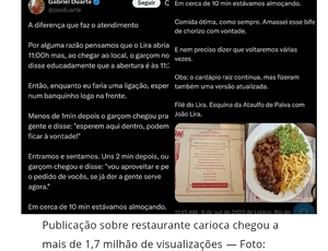 Elogio a atendimento em restaurante no Rio de Janeiro viraliza e dono já projeta 15% de aumento no movimento