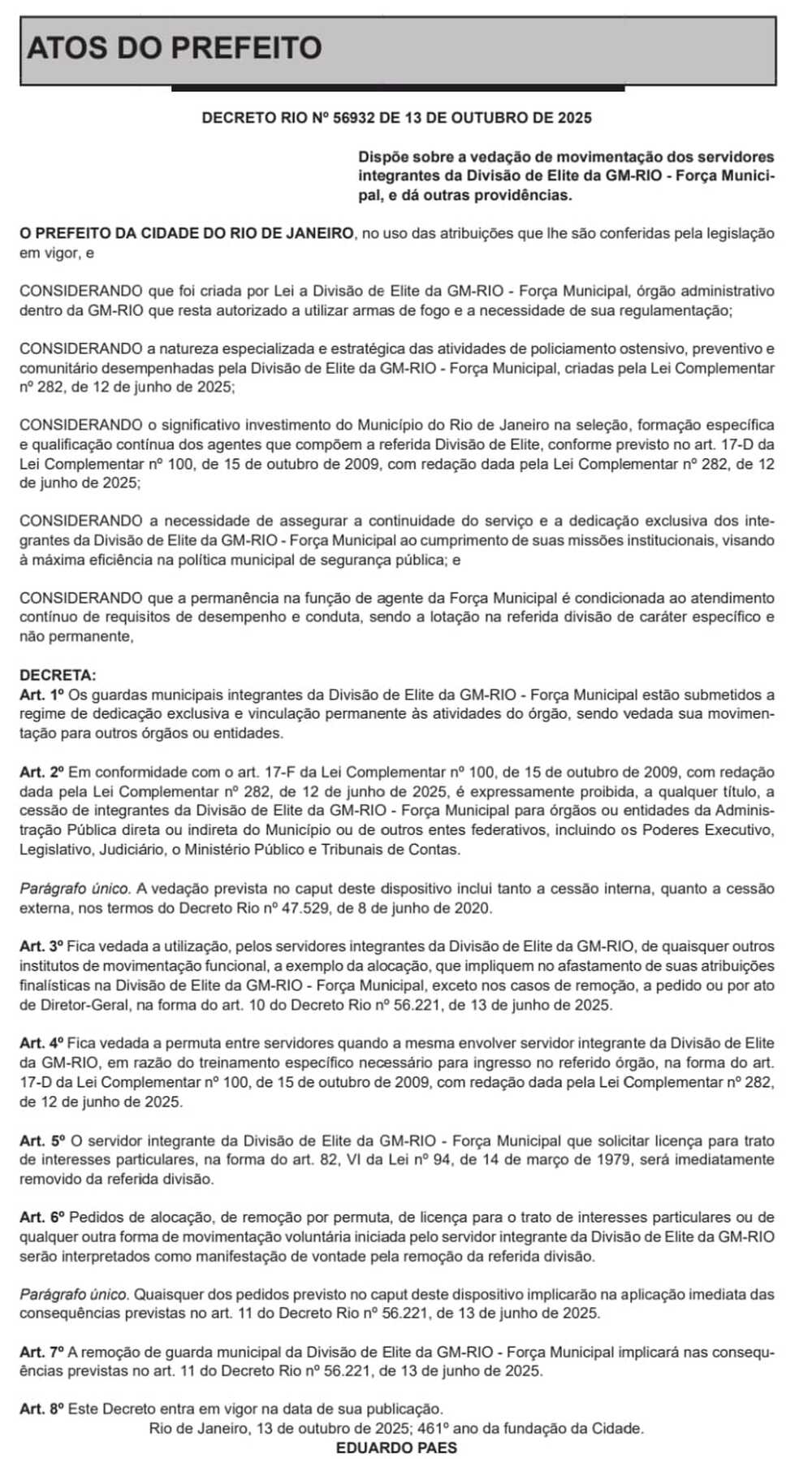 Eduardo Paes blinda elite da Guarda Municipal e proíbe cessão de agentes