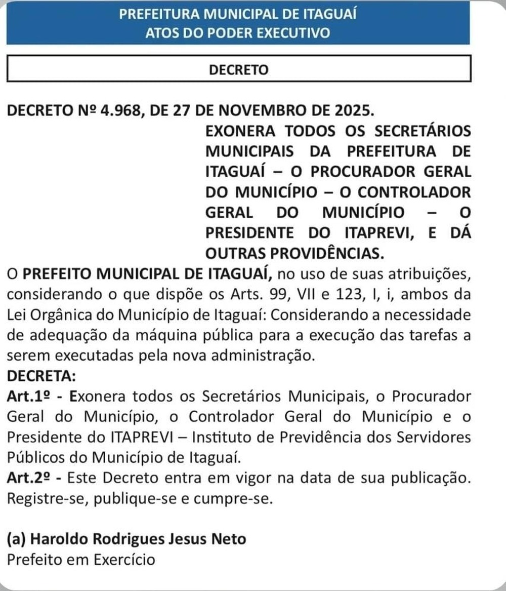 Disputa judicial em Itaguaí: Haroldinho Jesus retorna à prefeitura e remove equipe de Dr. Rubão do governo