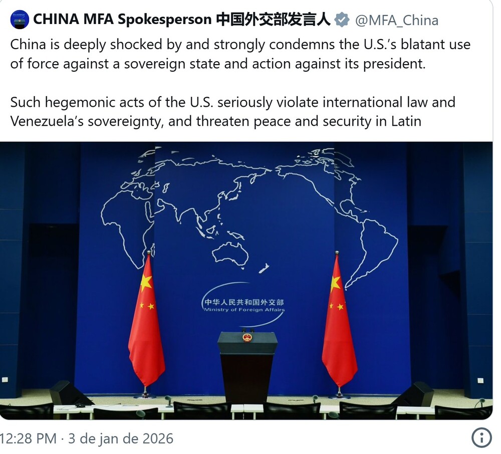 China afirma que ataque dos EUA à Venezuela ameaça a paz na América Latina