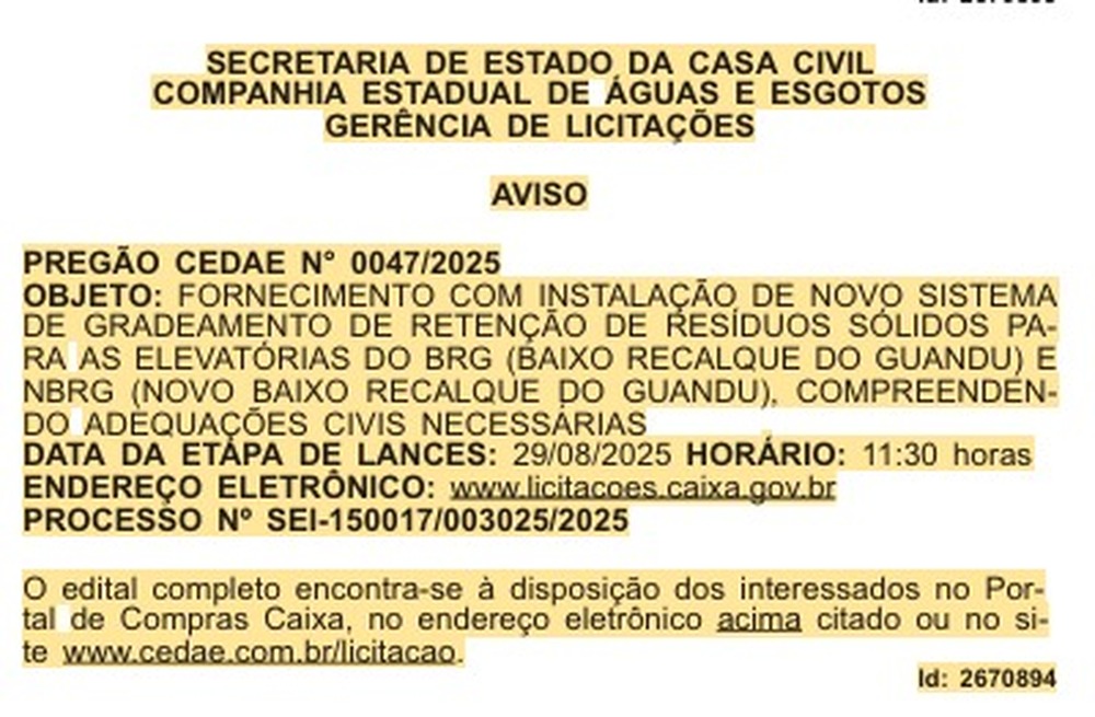 Cedae escolhe proposta R$ 15,9 milhões mais cara após desclassificar quatro concorrentes