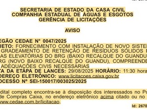 Cedae escolhe proposta R$ 15,9 milhões mais cara após desclassificar quatro concorrentes