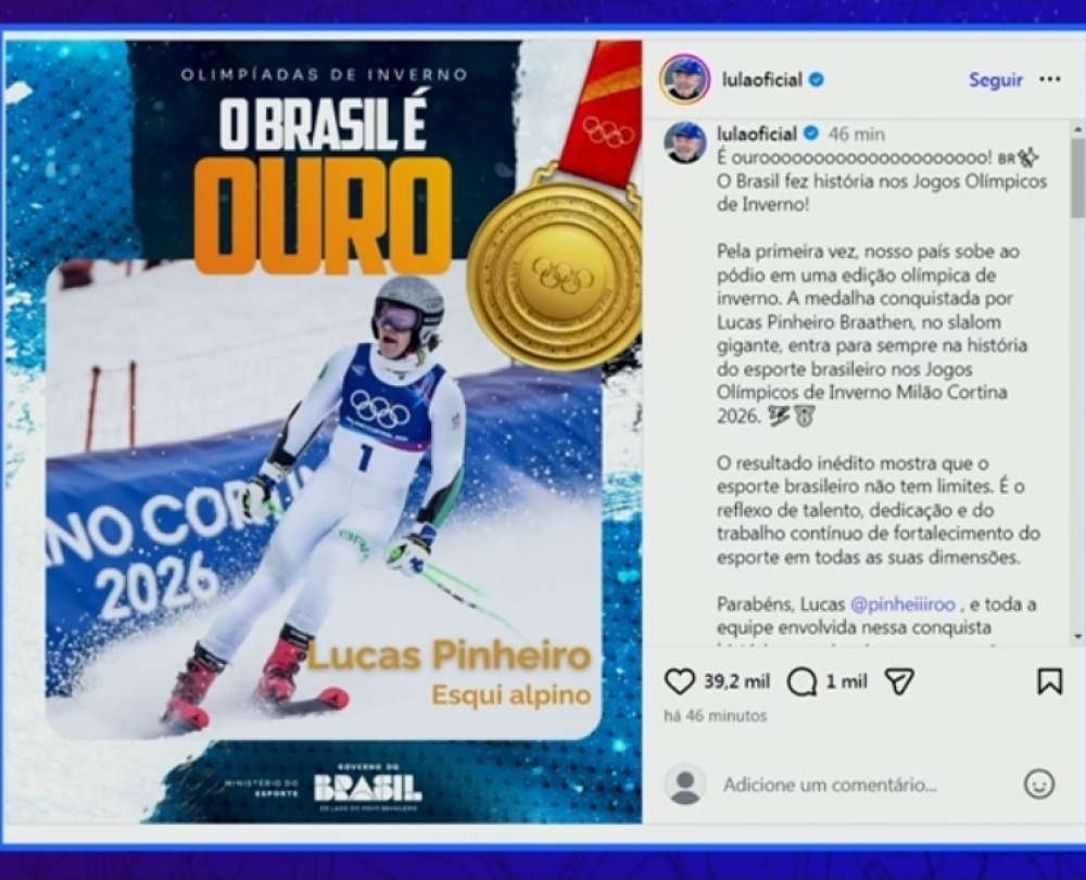 Lula comemora: Brasil é o 1º país da América Latina e o 3º do Hemisfério Sul a garantir medalha olímpica de inverno