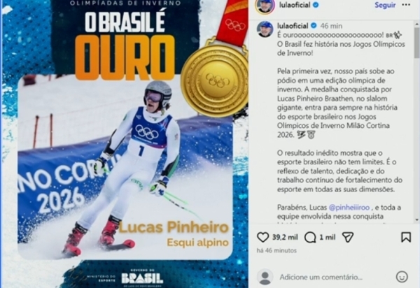Lula comemora: Brasil é o 1º país da América Latina e o 3º do Hemisfério Sul a garantir medalha olímpica de inverno