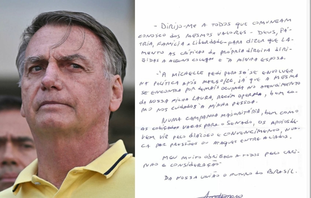 Carta: Bolsonaro lamenta críticas da direita a Michelle e pede união