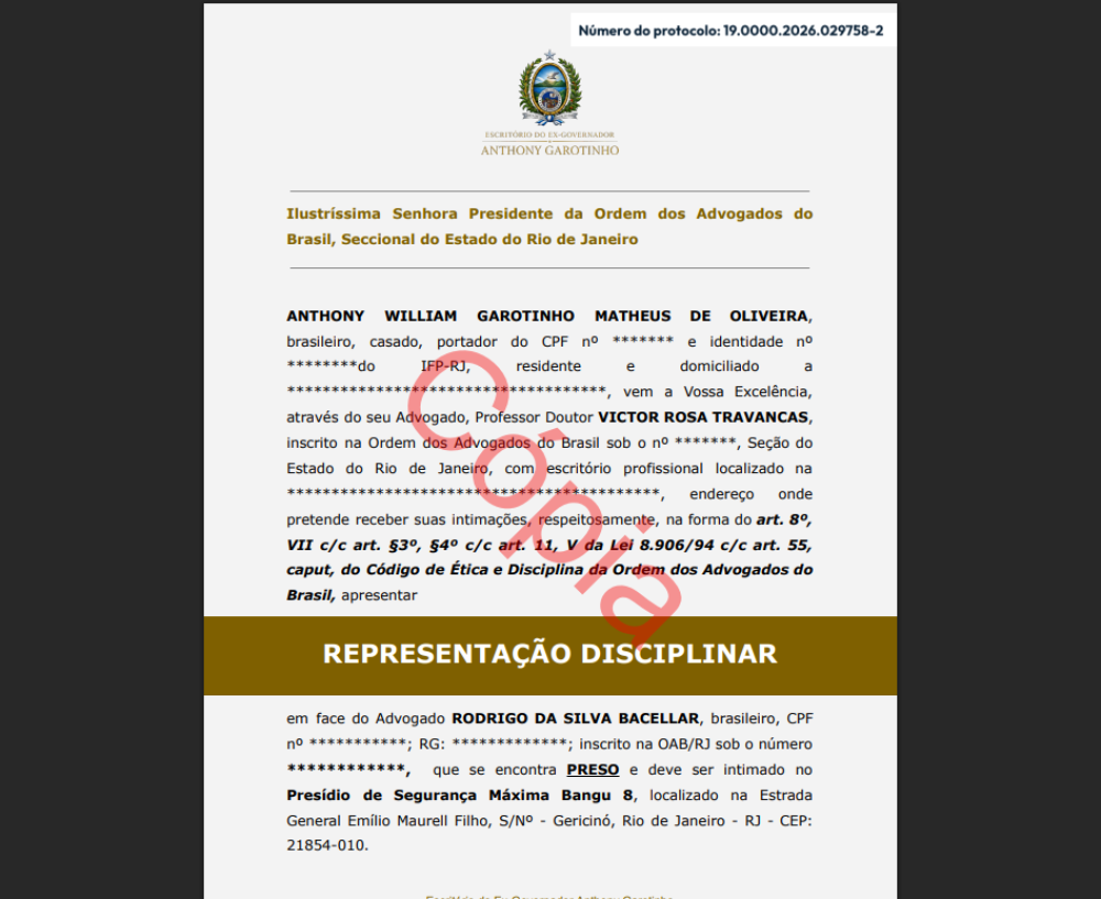 Ex-governador Anthony Garotinho protocola representações disciplinares na OAB contra dois advogados envolvidos em esquemas de corrupção