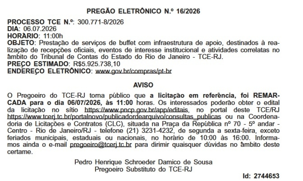 TCE-RJ remarca pregão de até R$ 6 milhões para bufê com vinho e espumante para esta segunda (06)