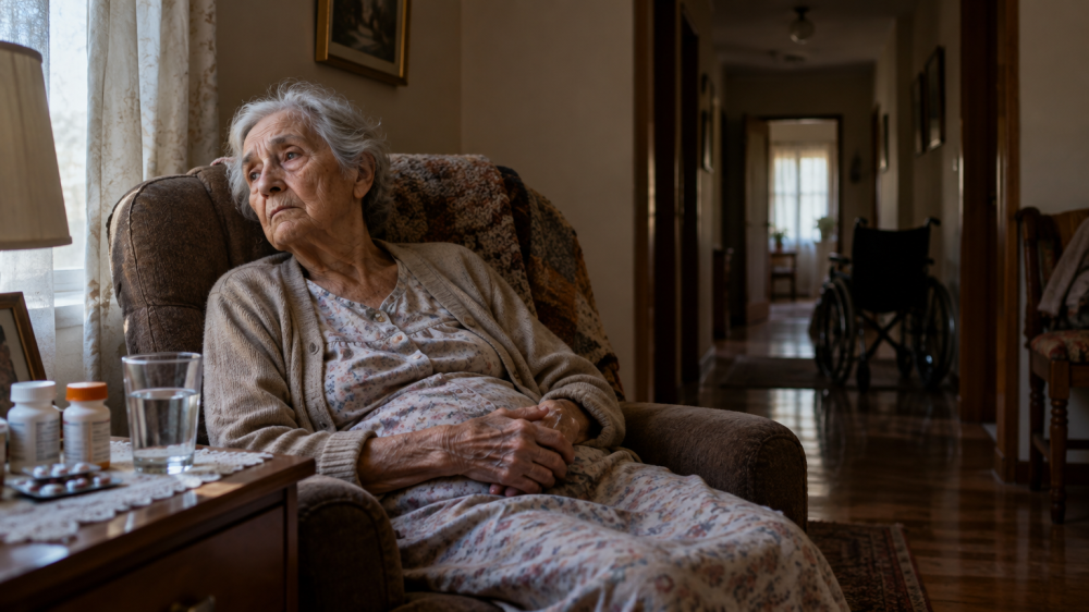  Idosa de 80 anos, com Parkinson e câncer, fica à espera de assistência enquanto a família paga a conta do abandono