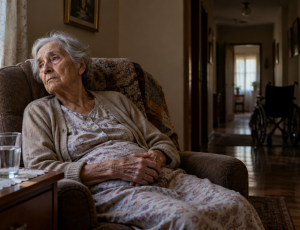  Idosa de 80 anos, com Parkinson e câncer, fica à espera de assistência enquanto a família paga a conta do abandono